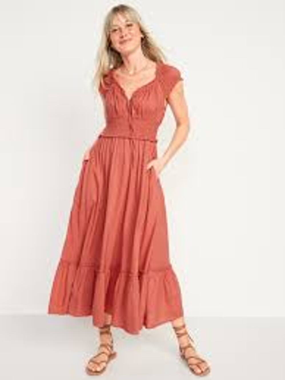 Old Navy Waist-Defined Puff-Sleeve Clip-Dot Midi Dress Rust XXL